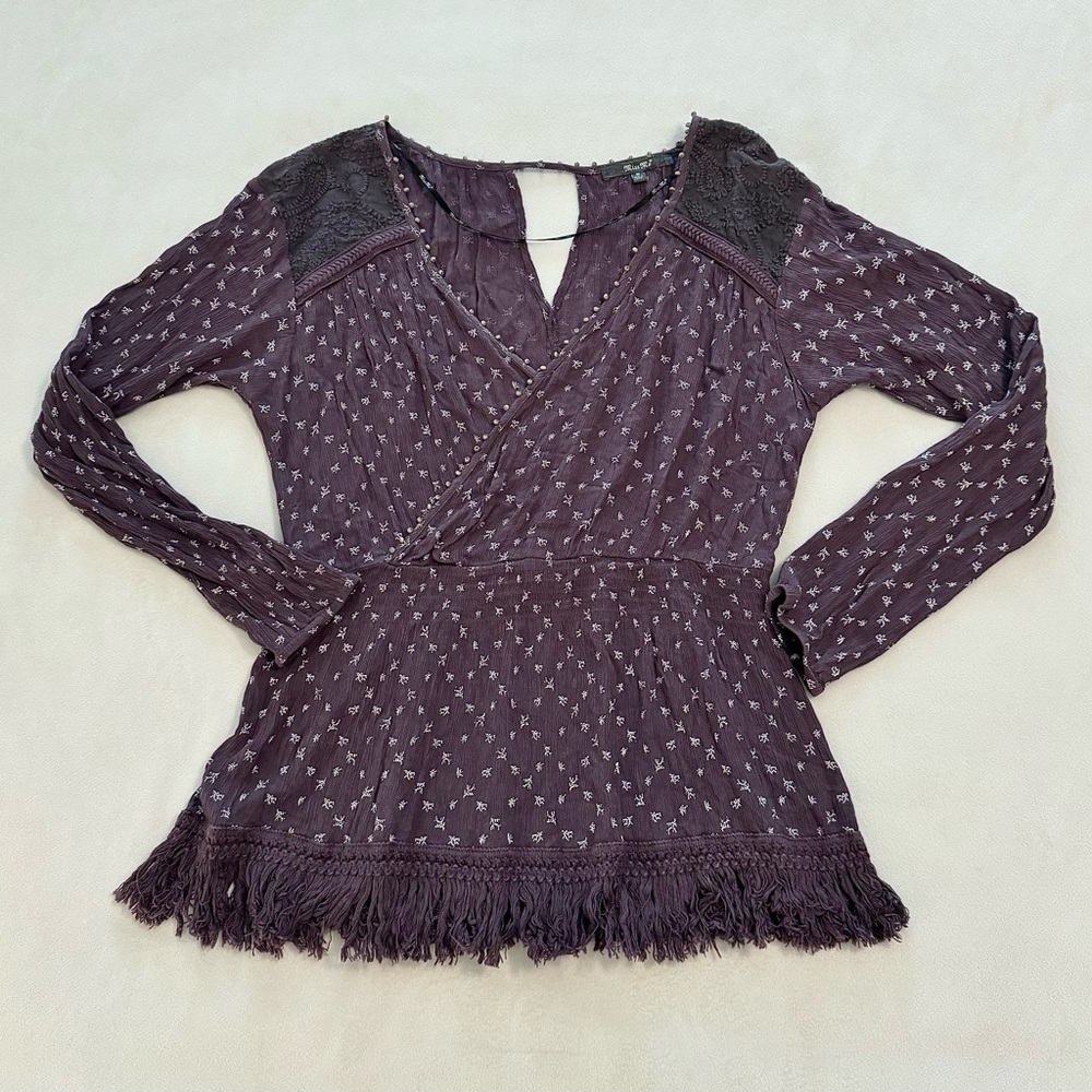 Miss Me Bohemian Peasant Eggplant Purple Blouse Women’s Sz M Faux Wrap Top
